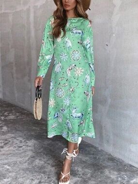 Zara Limited Edition Satin Mint Green Zodiac Print Midi Dress Size XS